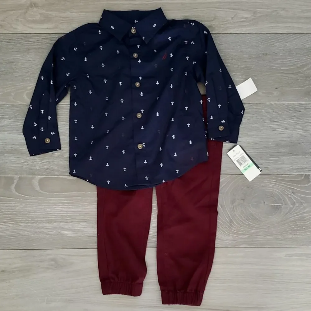 Nautica Navy Blue Anchor Top and Maroon Pants